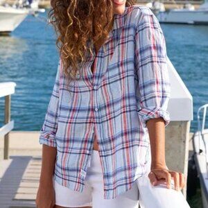 Frank & Eileen Plaid Linen Blouse Top Shirt Size XS Long Sleeve Button Front